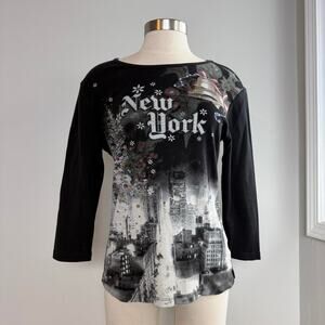 Black & grey New York City Christmas  graphic 3/4 sleeve shirt with rhinestones